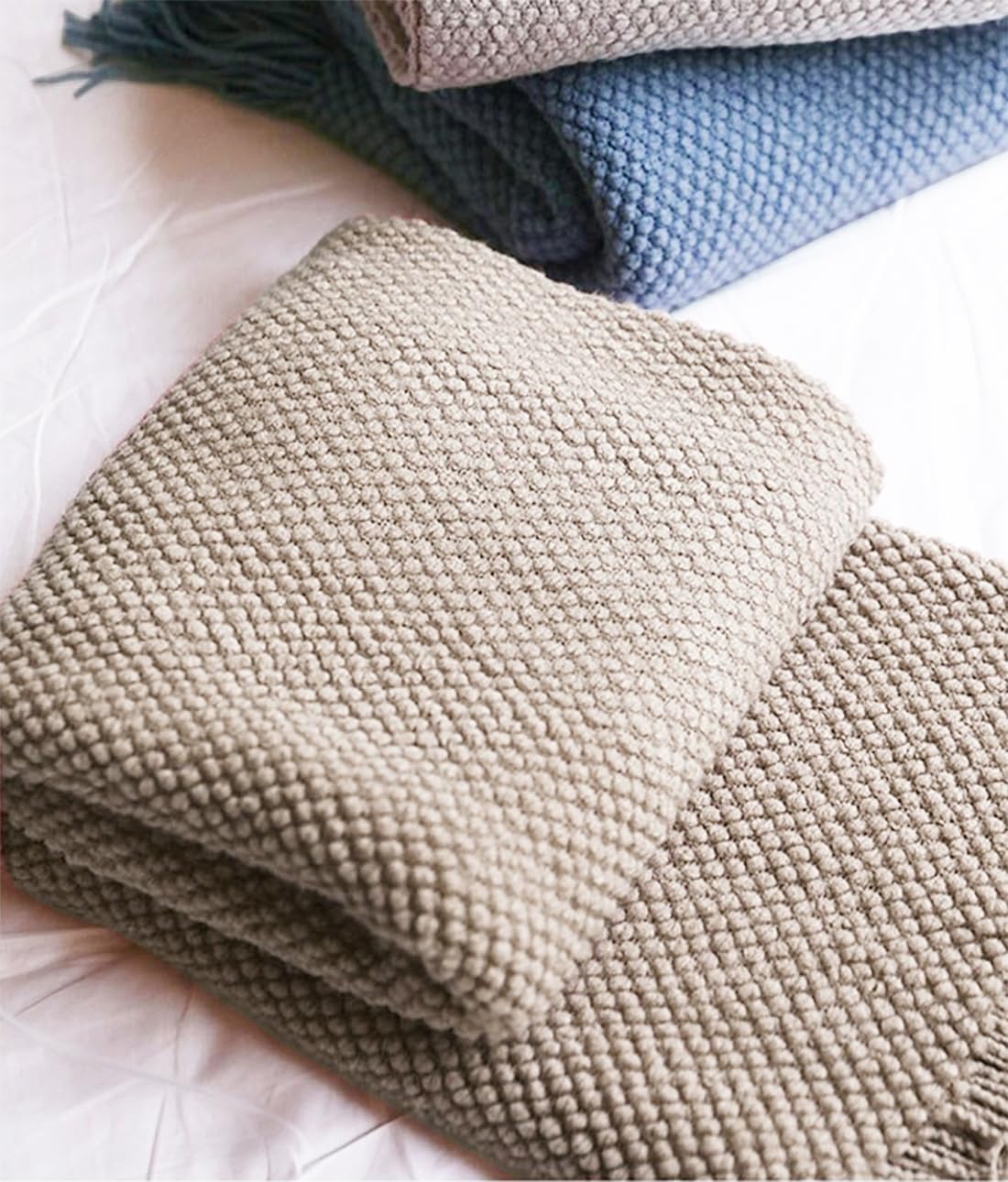 Fennco Styles Textured Knit Solid Fringe Throw Blanket 50" W x 60" L - Navy Blue Waffle Pattern Light Weight Blanket for Sofa, Couch, Living Room and Bedroom Décor