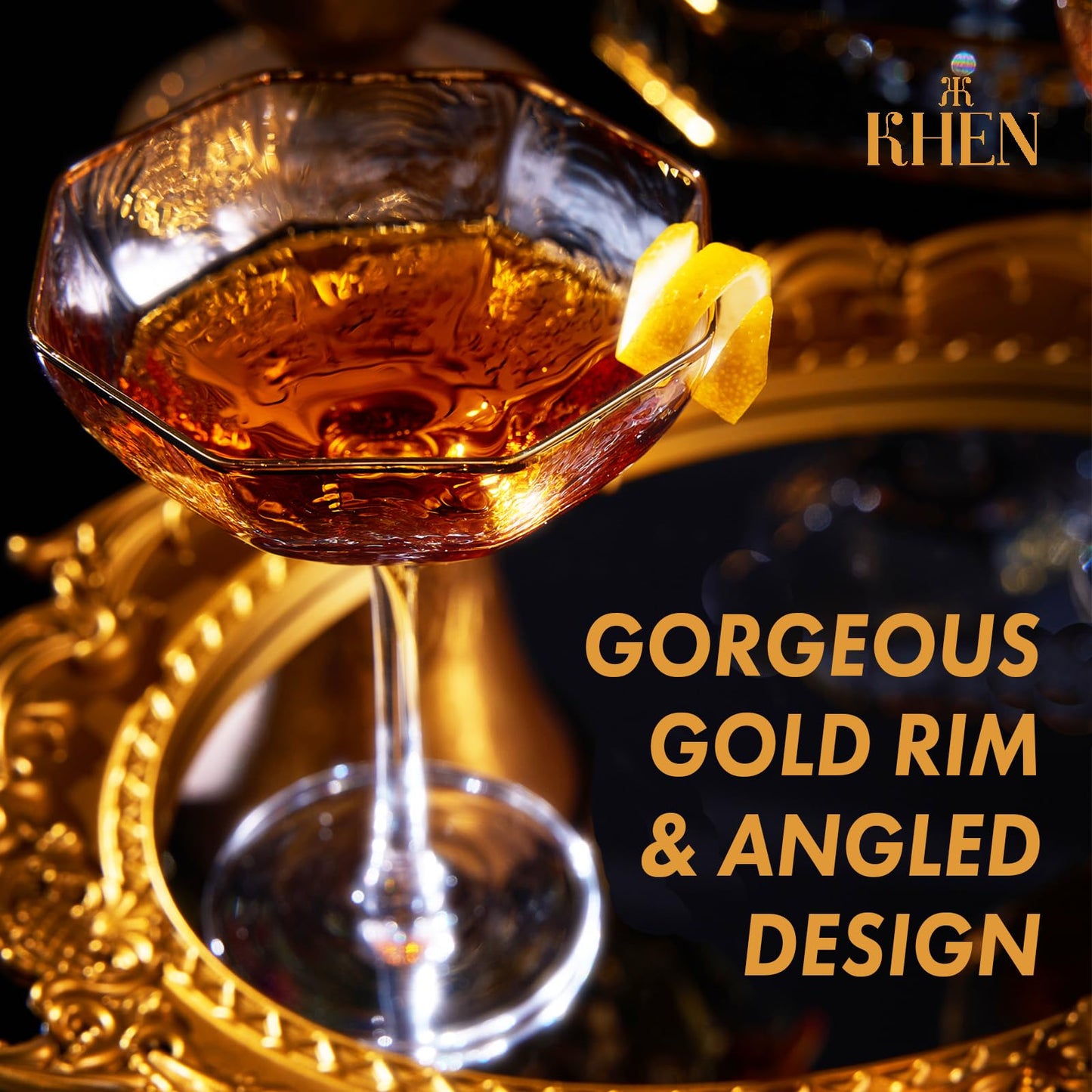 Khen Champagne Coupe Glasses Set of 4 Vintage Octagonal Gold Rim - 6oz Clear Gold Rim