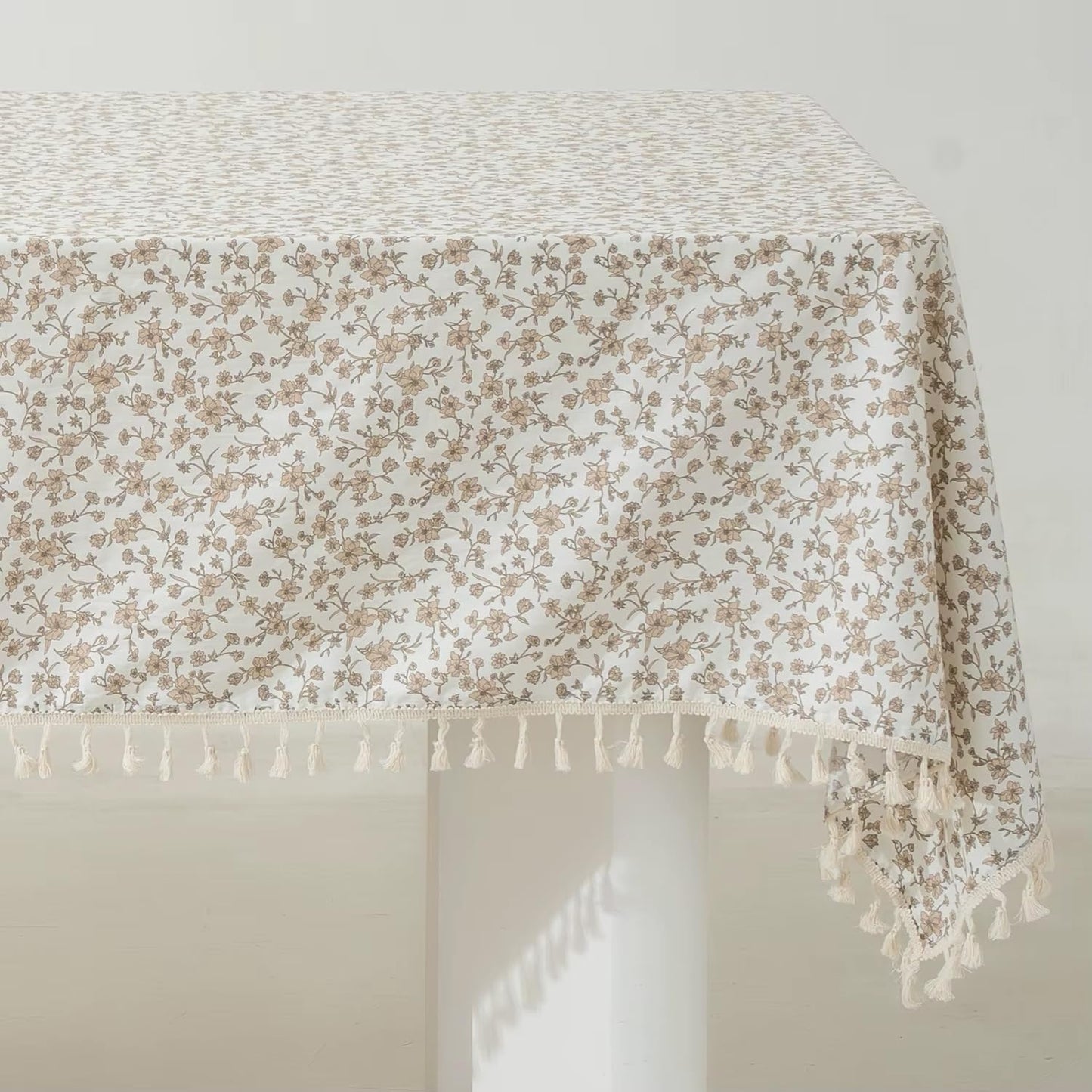 Fennco Styles Spring Floral White Cotton Tablecloth with Tassel – 56" W X 56" L Delicate Botanical Print Table Cover for Dining Room, Tea Party, Banquet or Spring Decor