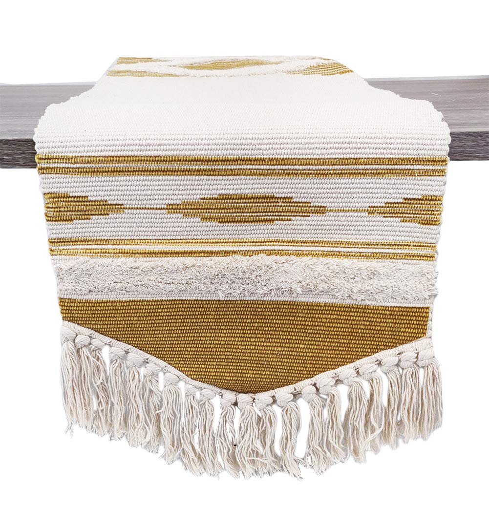 Fennco Styles Geometric Design Canvas Cotton Table Runner with Tassels – 14”W x 71”L Table Cover for Home Décor, Dining Table, Banquets, Holidays and Special Occasions