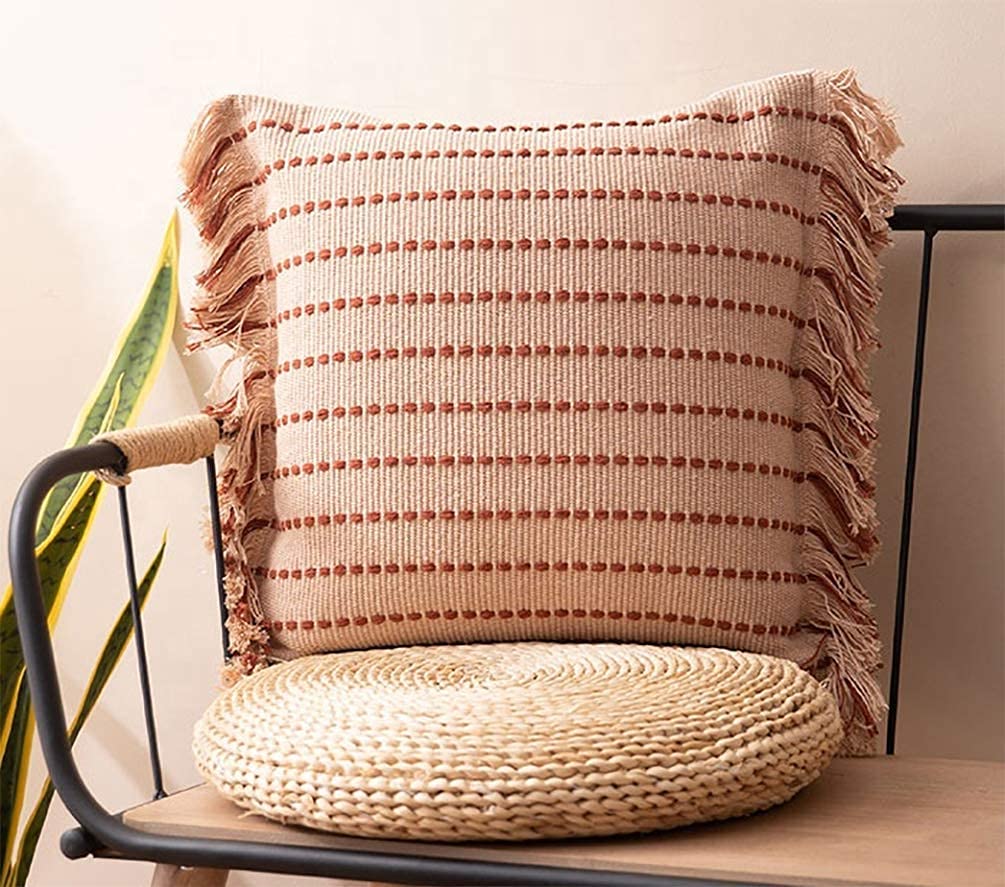 Fennco Styles Stitch Line Woven Fringe Cotton Decorative Throw Pillow 20" W x 20" L - White Cushion for Couch, Bedroom, Living Room and Office Décor