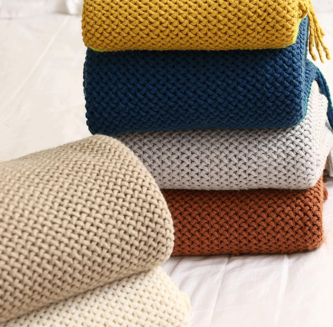 Fennco Styles Textured Knit Solid Fringe Throw Blanket 50" W x 60" L - Navy Blue Waffle Pattern Light Weight Blanket for Sofa, Couch, Living Room and Bedroom Décor