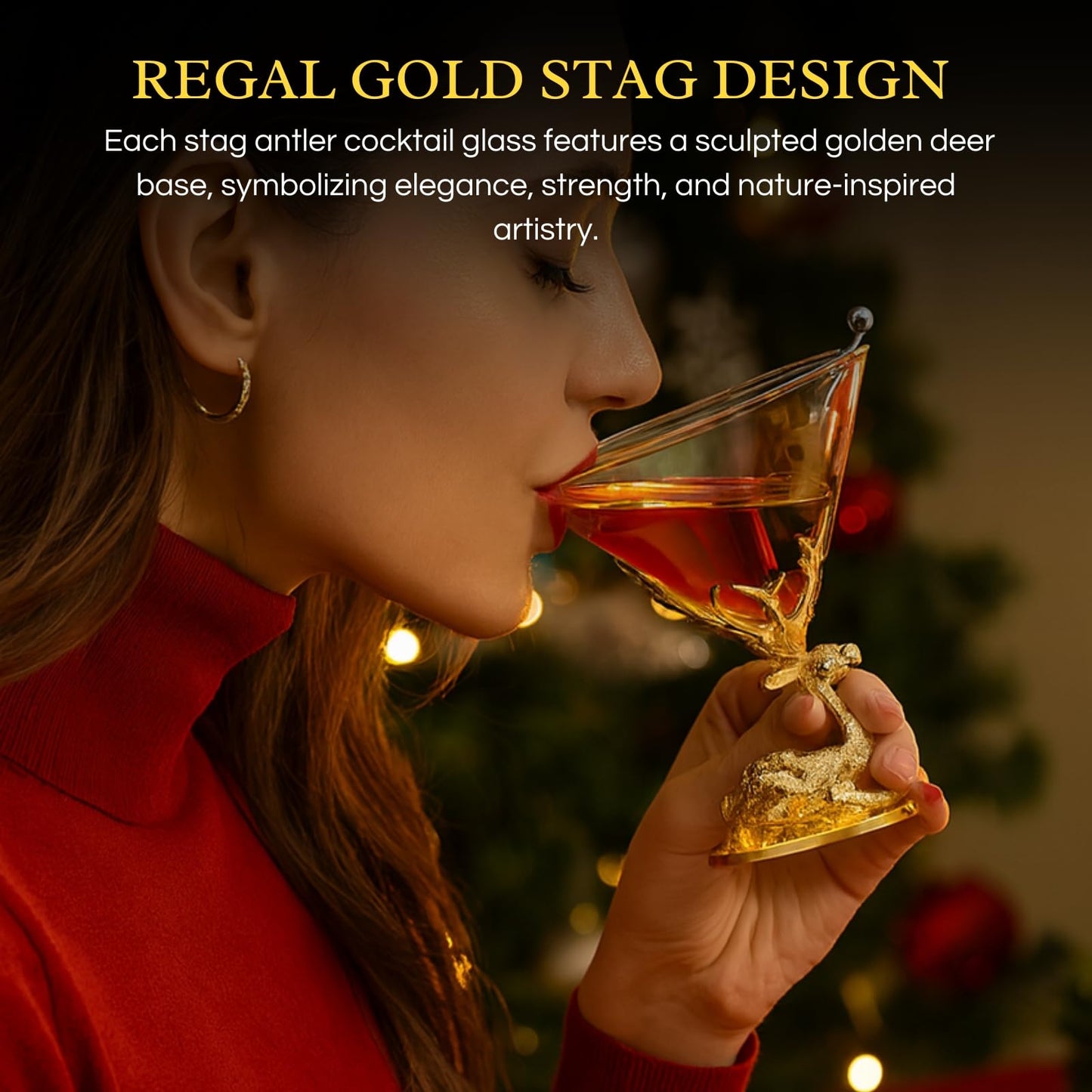 Stag Antler Cocktail Glasses Set of 2 Gold Deer Design Elegant Animal Inspired Barware