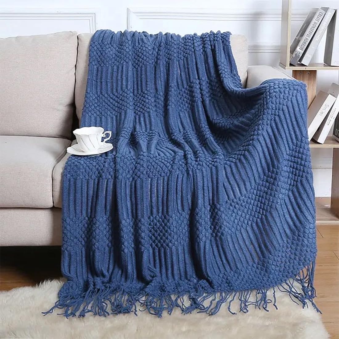 Fennco Styles Striped Knit Solid Fringe Throw Blanket 50" W x 60" L - Navy Blue Soft Textured Light Weight Blanket for Sofa, Couch, Living Room and Bedroom Décor