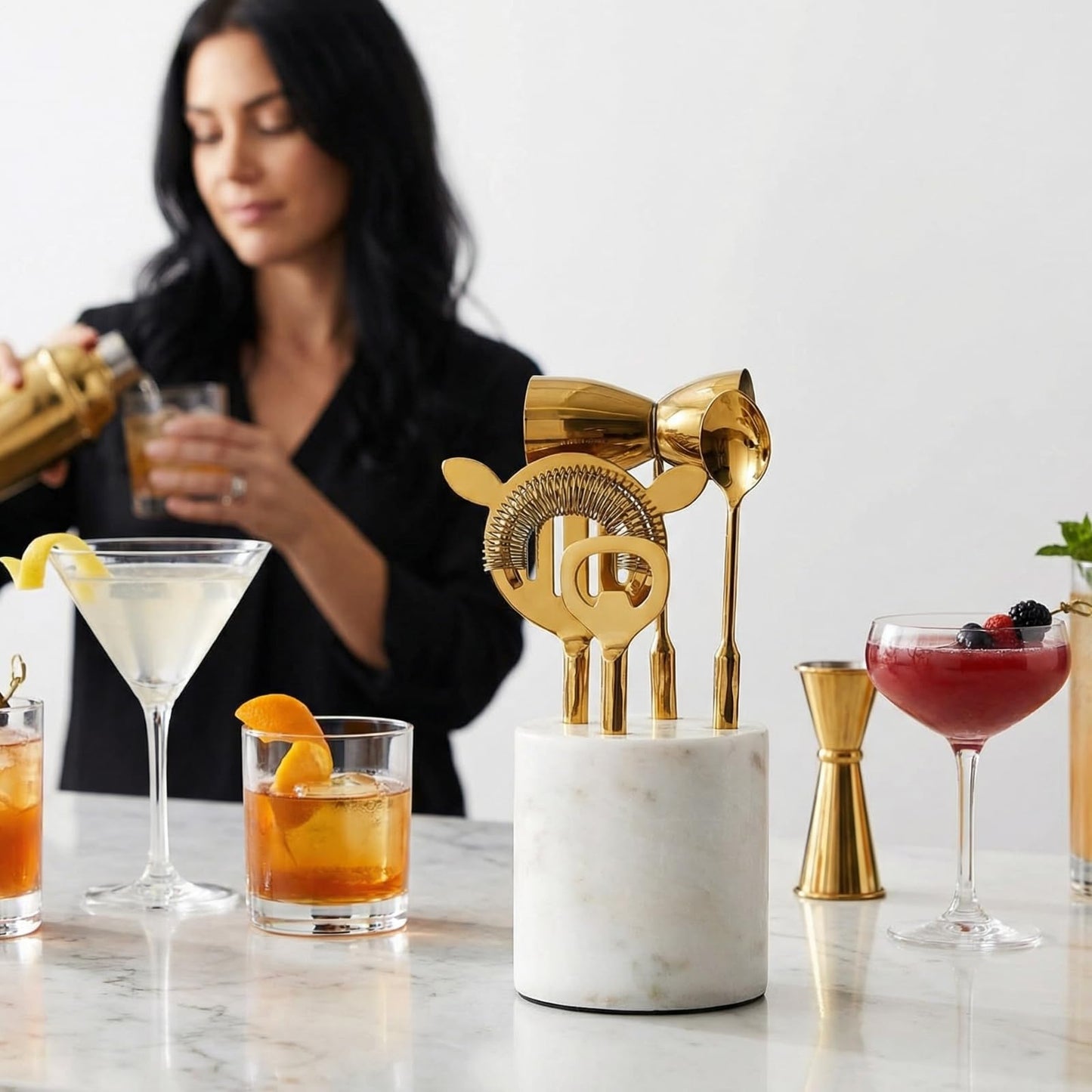 Gold Marble Cocktail Bar Tool Set, 5 Piece 9.06 x 3.75 Inch White Stone Holder Stainless Steel
