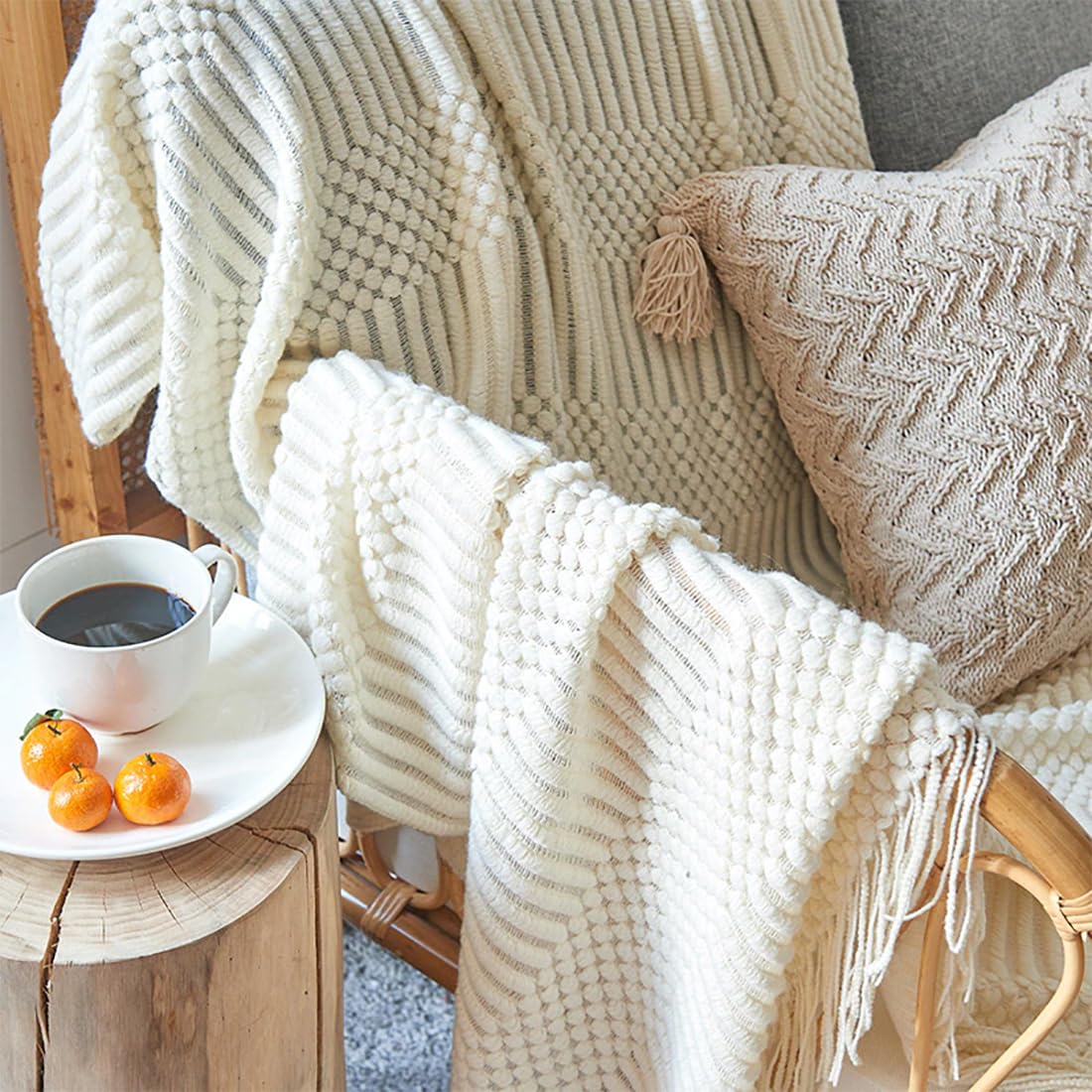 Fennco Styles Striped Knit Solid Fringe Throw Blanket 50" W x 60" L - Navy Blue Soft Textured Light Weight Blanket for Sofa, Couch, Living Room and Bedroom Décor