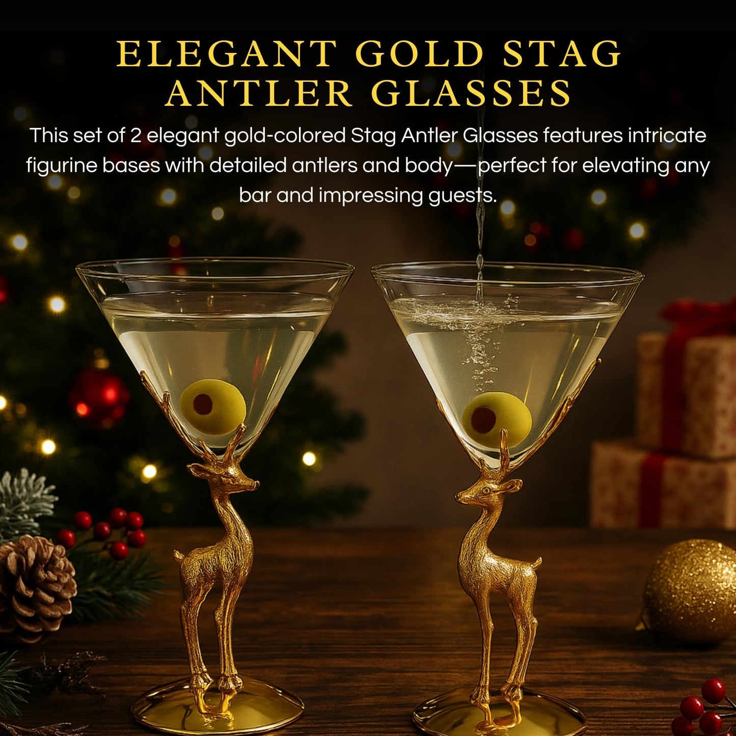 Golden Standing stag martini glasses set of 2