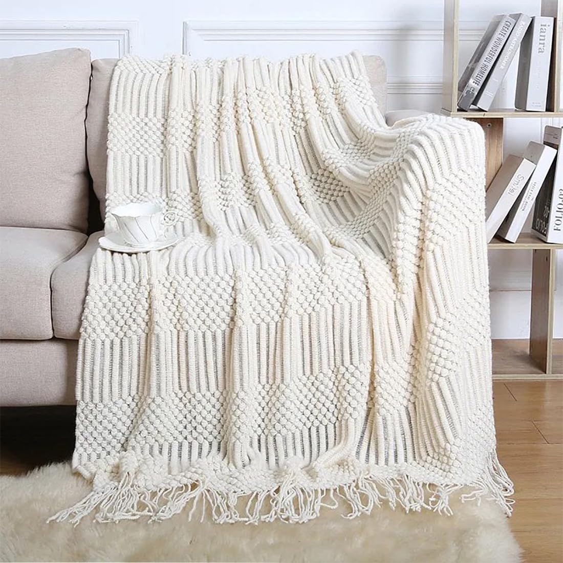 Fennco Styles Striped Knit Solid Fringe Throw Blanket 50" W x 60" L - Navy Blue Soft Textured Light Weight Blanket for Sofa, Couch, Living Room and Bedroom Décor