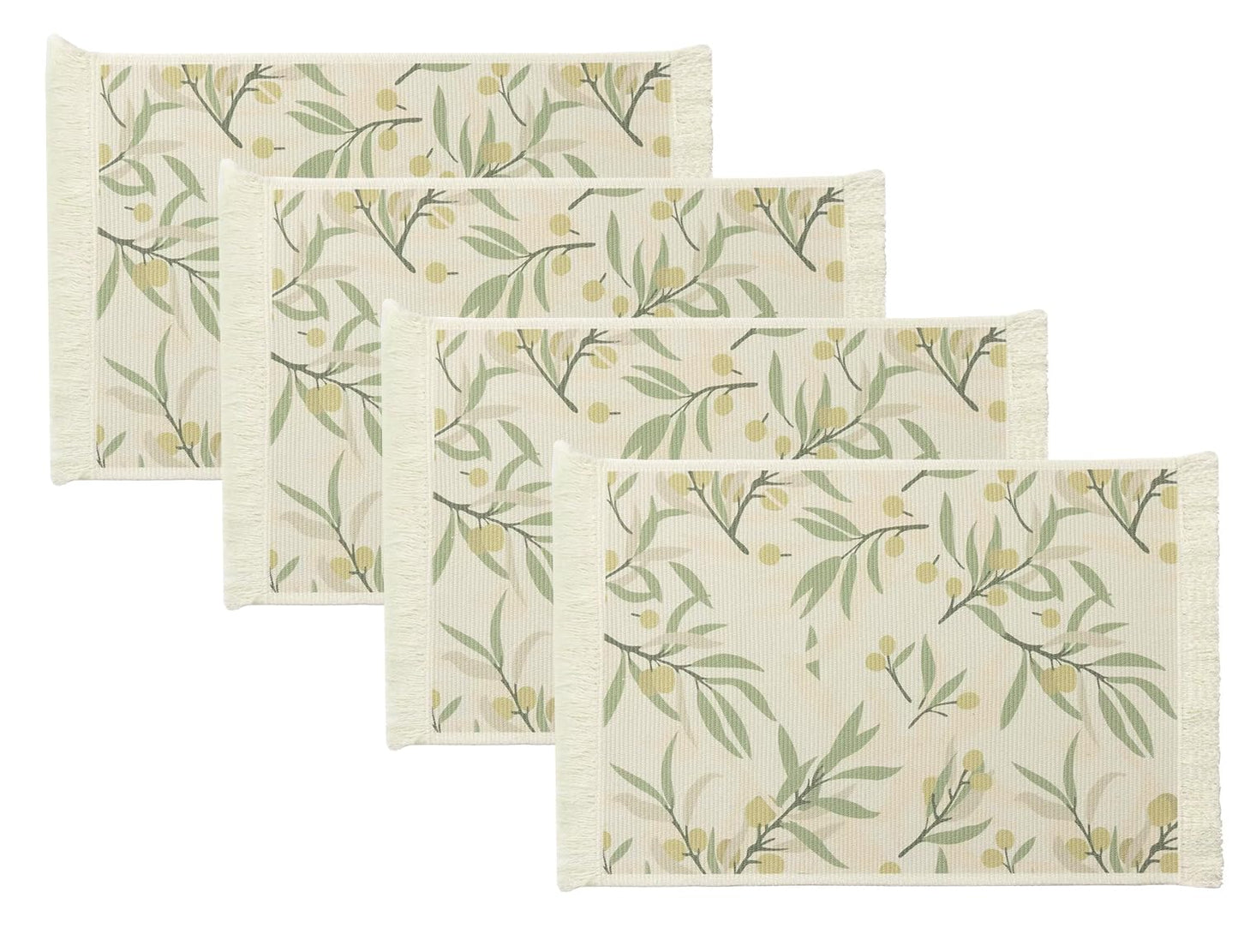 Fennco Styles Berries & Leaves Printed with Fringe Placemats 14" W x 19" L, Set of 4 - Botanical Design Table Mats for Dining Room, Banquets, Family Gatherings, and Holidays