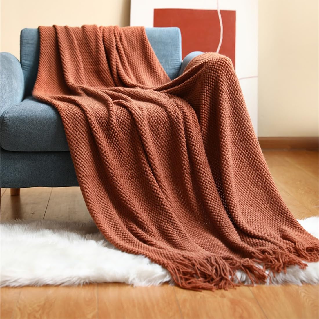 Fennco Styles Textured Knit Solid Fringe Throw Blanket 50" W x 60" L - Navy Blue Waffle Pattern Light Weight Blanket for Sofa, Couch, Living Room and Bedroom Décor