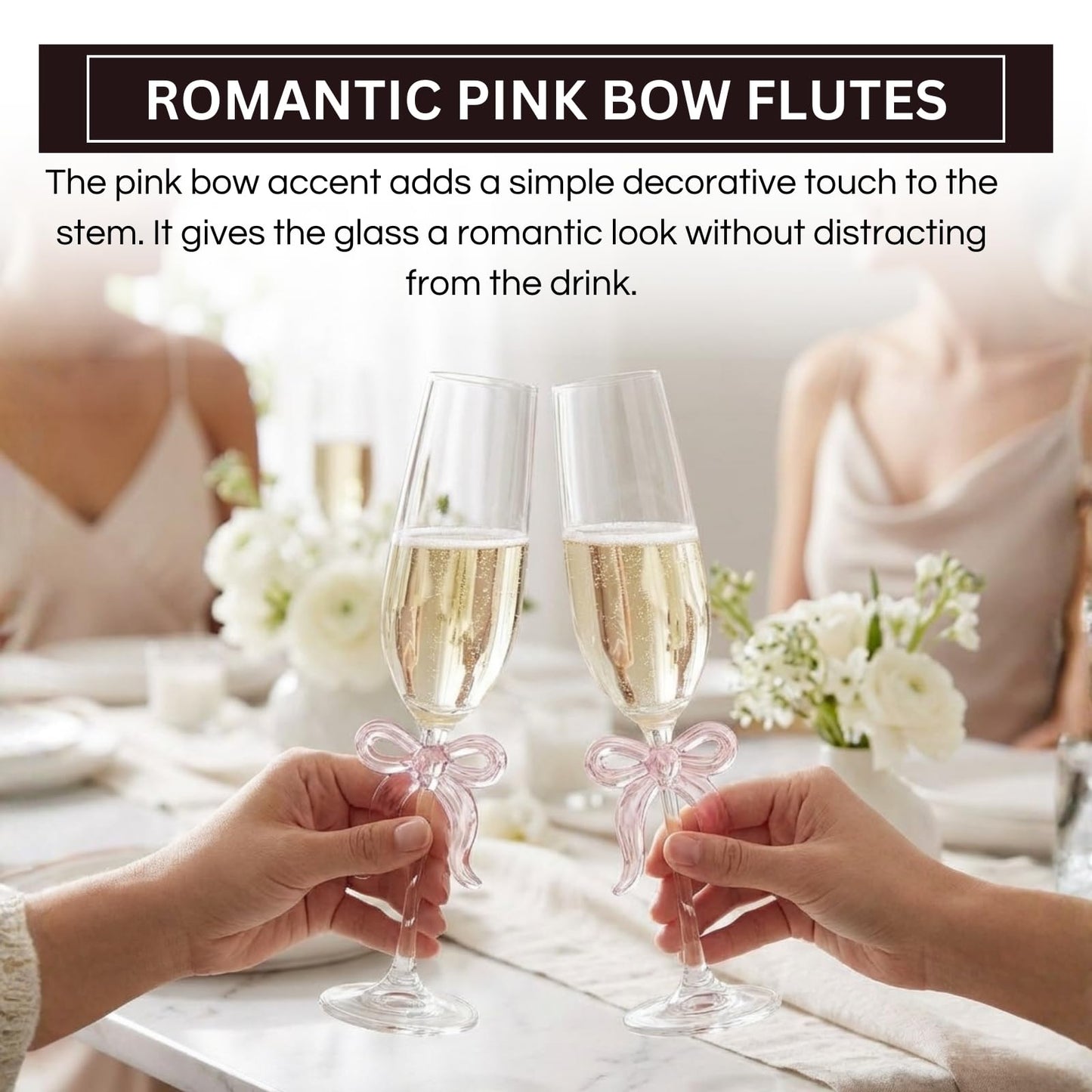Clear Champagne Glass with Pink Bow on Stem, Set of 2