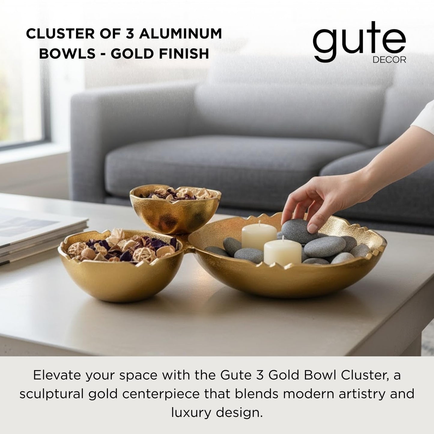 3 Cluster Decorative Bowls Bright Gold Brass Snack Tray Bowl Chip