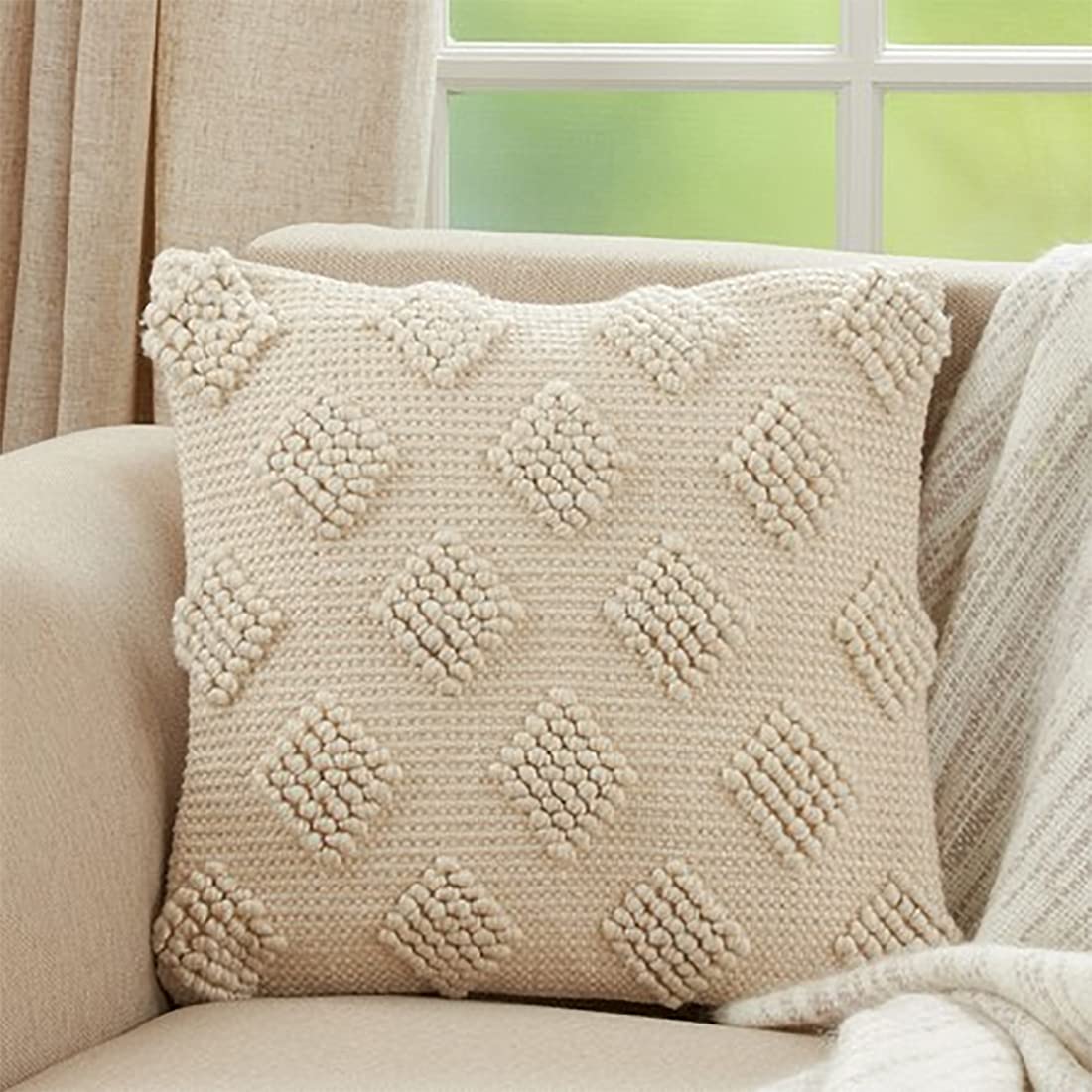 Fennco Styles Pom Pom Diamond Decorative Throw Pillow Cover 18" W x 18" L - Ivory Square Cushion Case for Home, Couch, Bedroom, Living Room and Office Décor