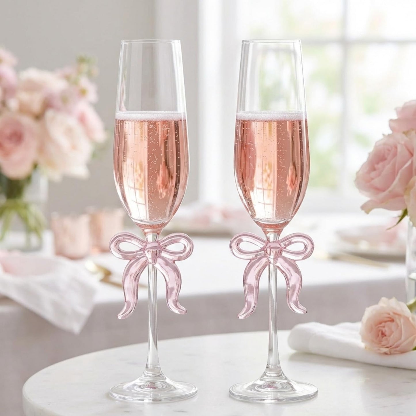Clear Champagne Glass with Pink Bow on Stem, Set of 2
