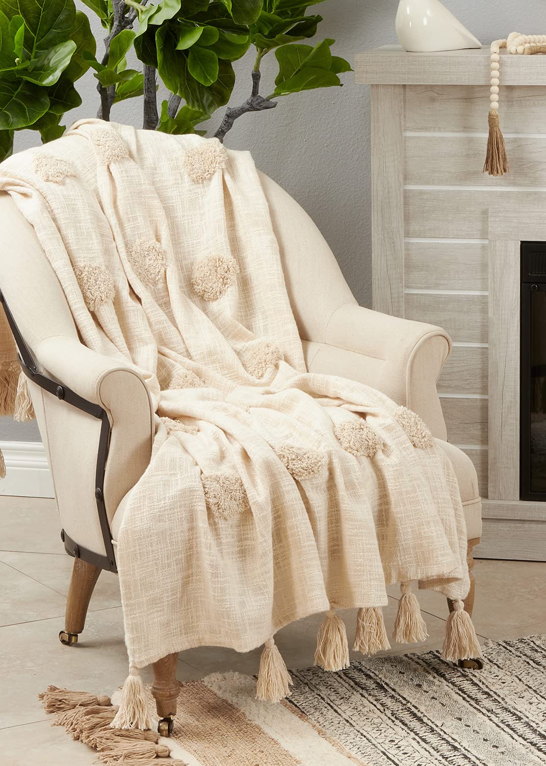 Fennco Styles Boho Tufted Dot Tassel Cotton Throw Blanket 50" W x 60" L – Natural Woven Blanket for Couch, Bedroom and Living Room Décor