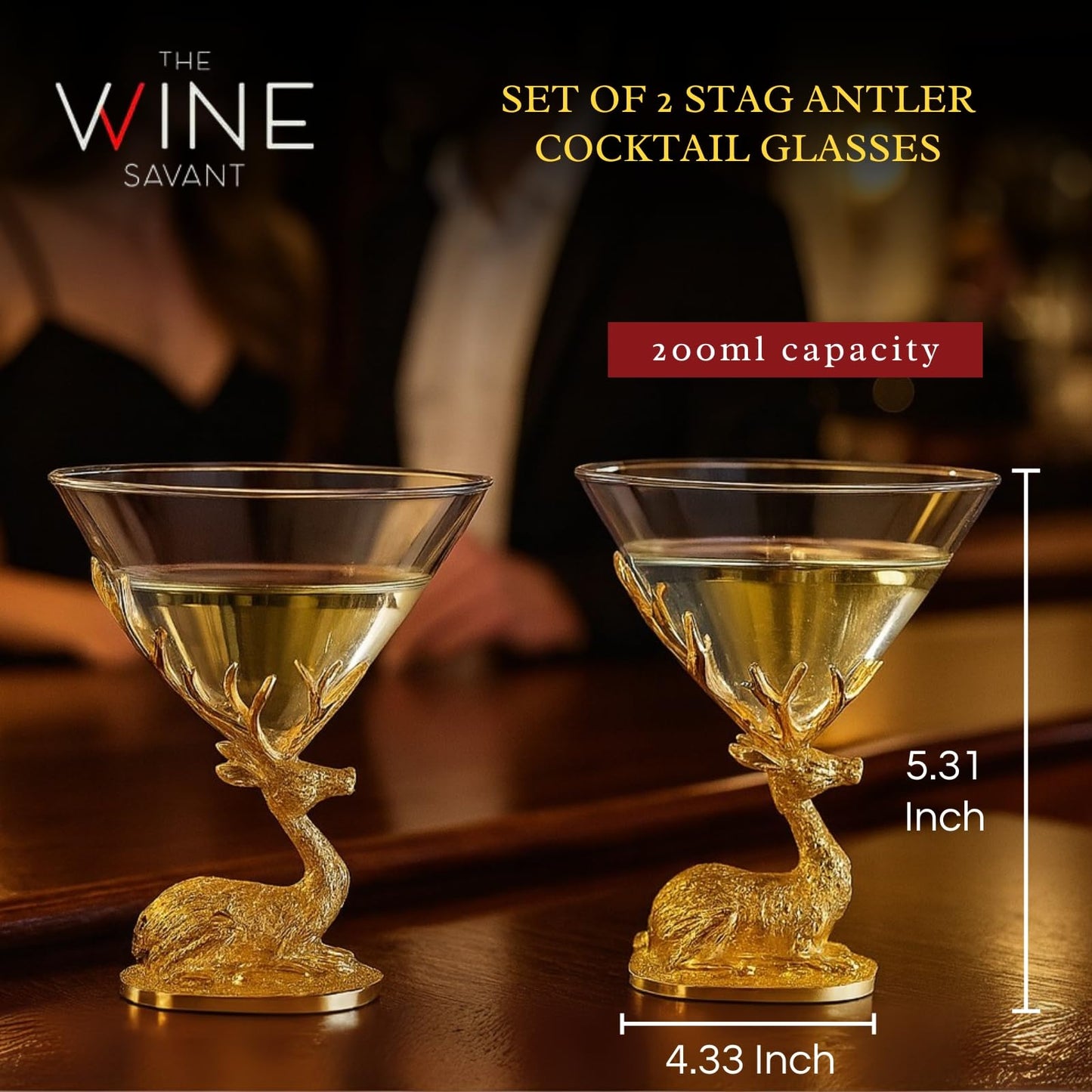 Stag Antler Cocktail Glasses Set of 2 Gold Deer Design Elegant Animal Inspired Barware