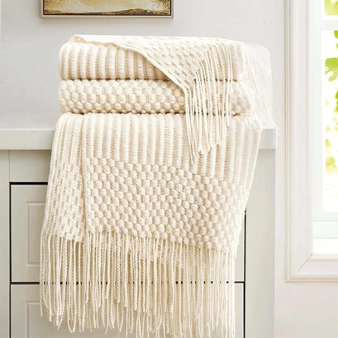 Fennco Styles Striped Knit Solid Fringe Throw Blanket 50" W x 60" L - Navy Blue Soft Textured Light Weight Blanket for Sofa, Couch, Living Room and Bedroom Décor
