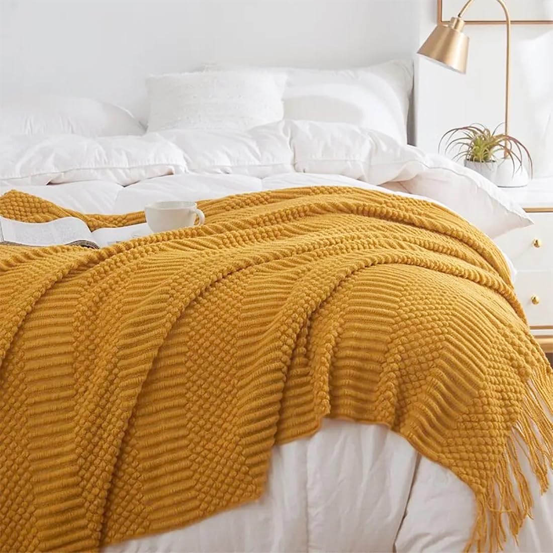 Fennco Styles Striped Knit Solid Fringe Throw Blanket 50" W x 60" L - Navy Blue Soft Textured Light Weight Blanket for Sofa, Couch, Living Room and Bedroom Décor
