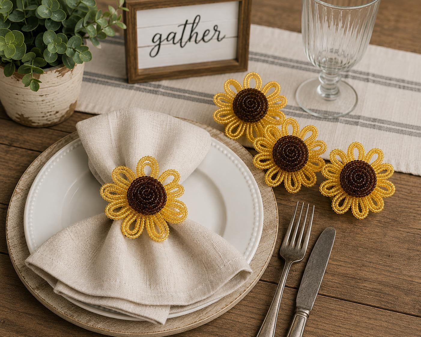 Fennco Styles Beaded Sunflower Napkin Rings, Set of 4 - Handmade Gold Floral Napkin Holders for Fall Dining Décor, Thanksgiving, Harvest Parties & Everyday Entertaining