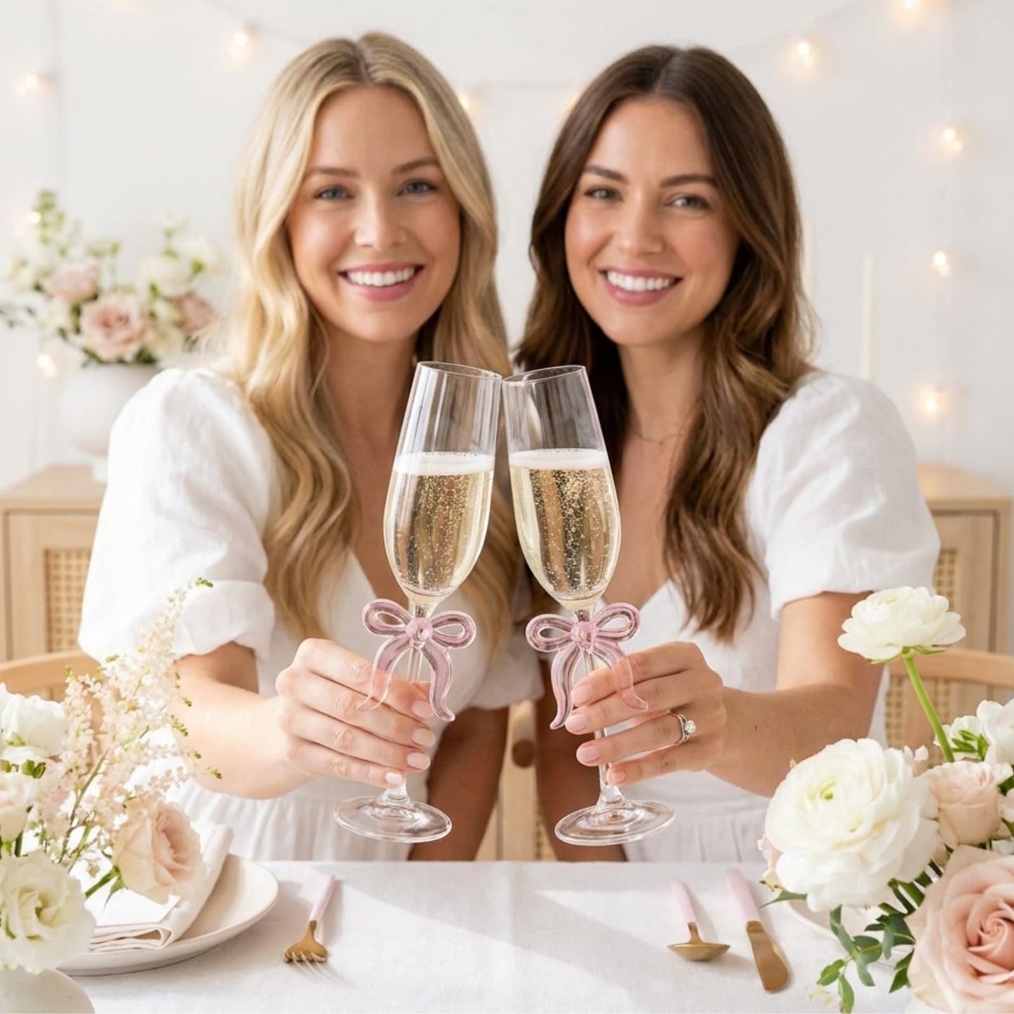 Clear Champagne Glass with Pink Bow on Stem, Set of 2