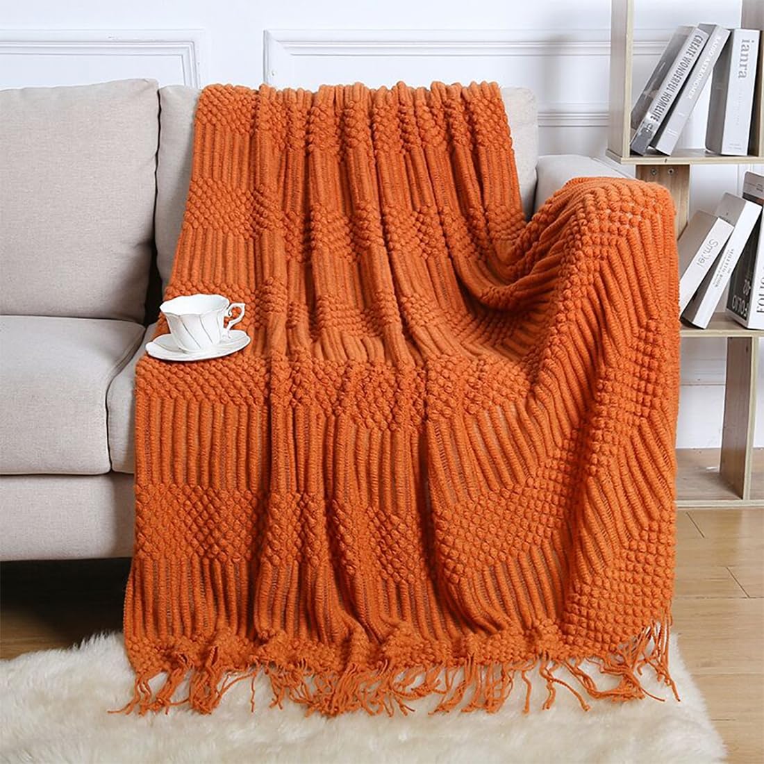 Fennco Styles Striped Knit Solid Fringe Throw Blanket 50" W x 60" L - Navy Blue Soft Textured Light Weight Blanket for Sofa, Couch, Living Room and Bedroom Décor