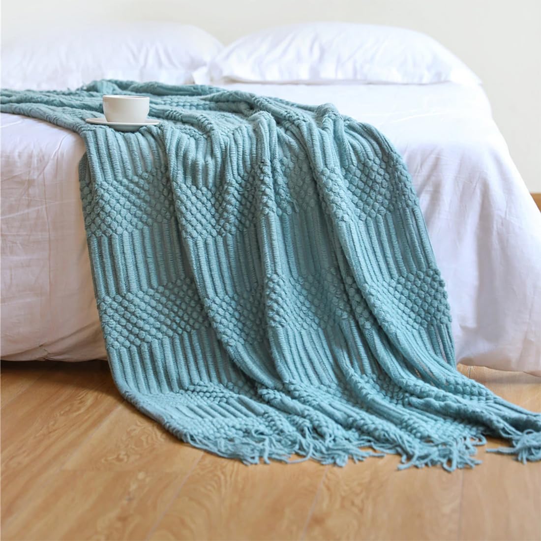 Fennco Styles Striped Knit Solid Fringe Throw Blanket 50" W x 60" L - Navy Blue Soft Textured Light Weight Blanket for Sofa, Couch, Living Room and Bedroom Décor
