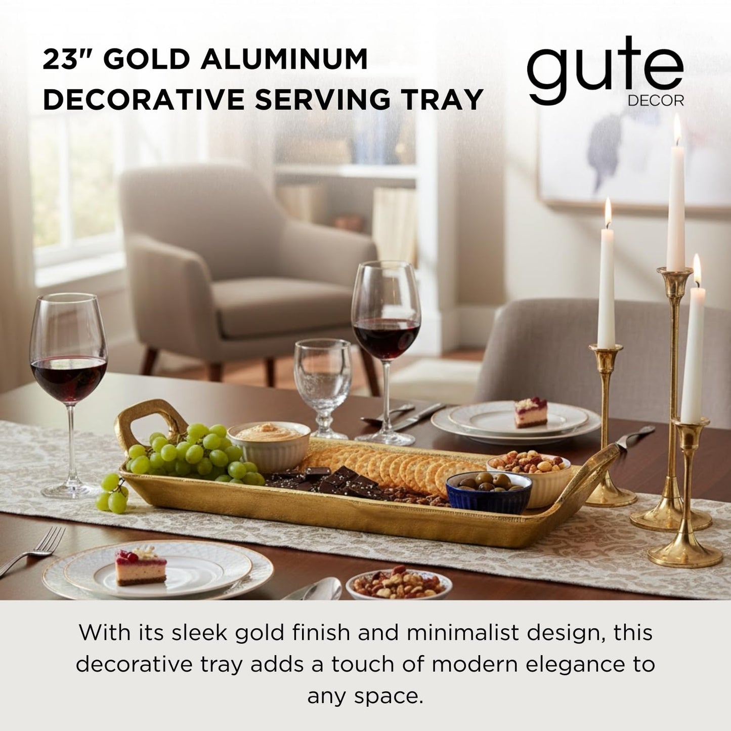 Large Brass Gold Decorative Tray with Handles, 24"