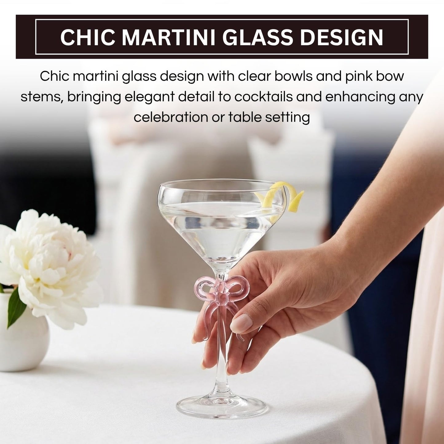 Single Clear Martini Glass with Pink Bow on Stem, One Piece