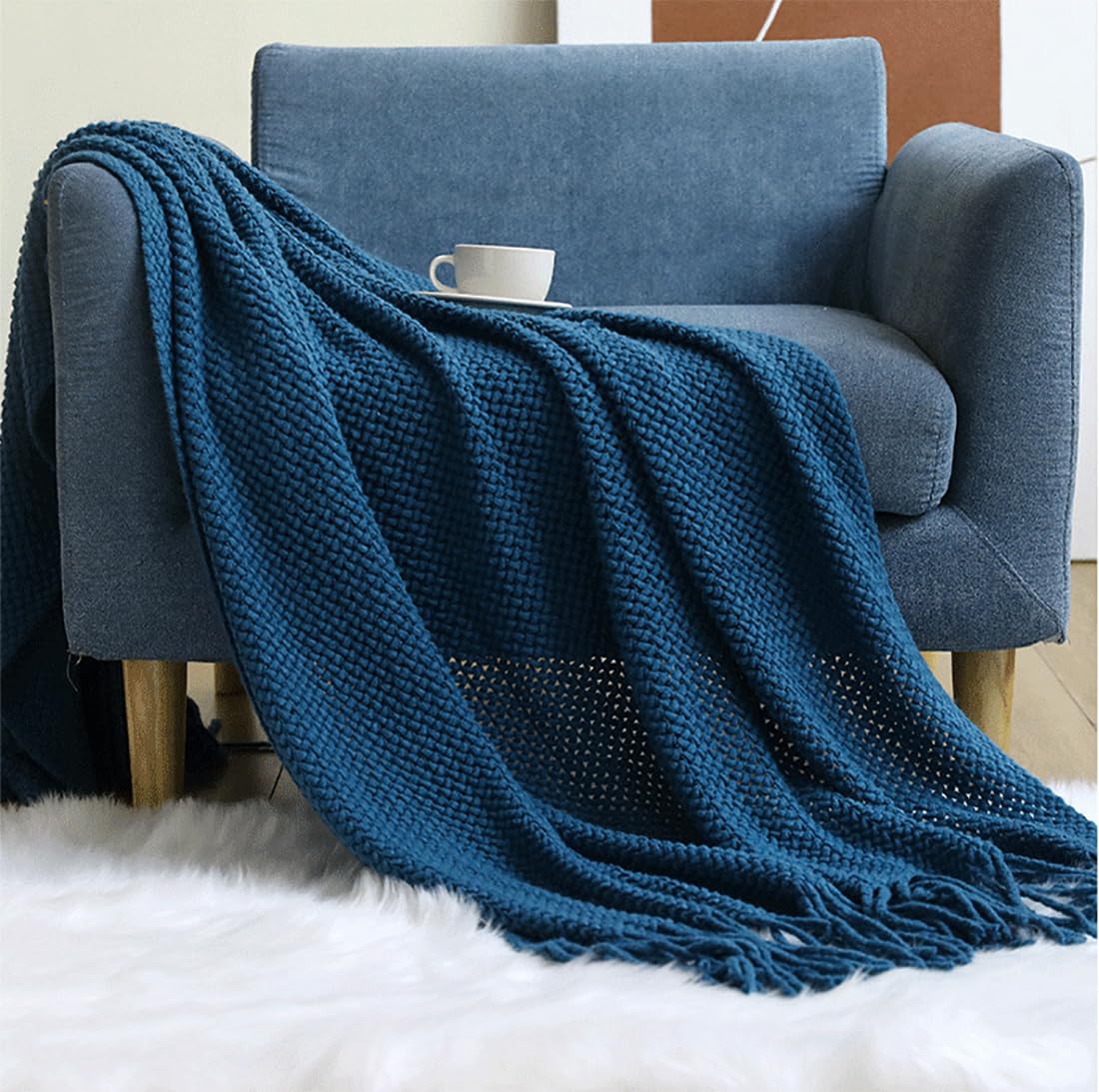 Fennco Styles Textured Knit Solid Fringe Throw Blanket 50" W x 60" L - Navy Blue Waffle Pattern Light Weight Blanket for Sofa, Couch, Living Room and Bedroom Décor
