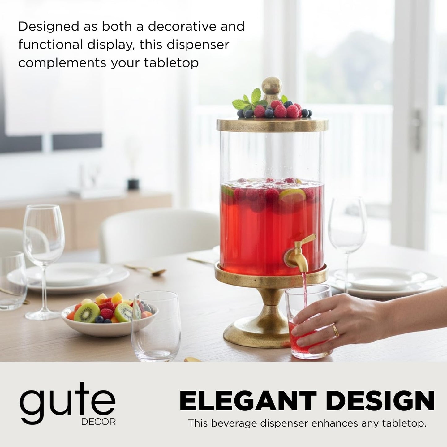 Brass Gold & Glass, 3 Gallon Beverage Dispenser w/ Bamboo Stand & Spigot, 20.1" Tall Large