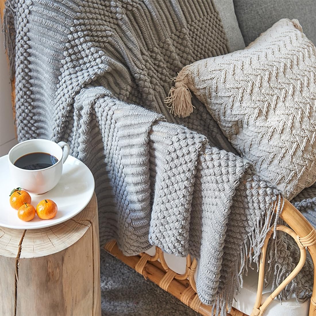 Fennco Styles Striped Knit Solid Fringe Throw Blanket 50" W x 60" L - Navy Blue Soft Textured Light Weight Blanket for Sofa, Couch, Living Room and Bedroom Décor
