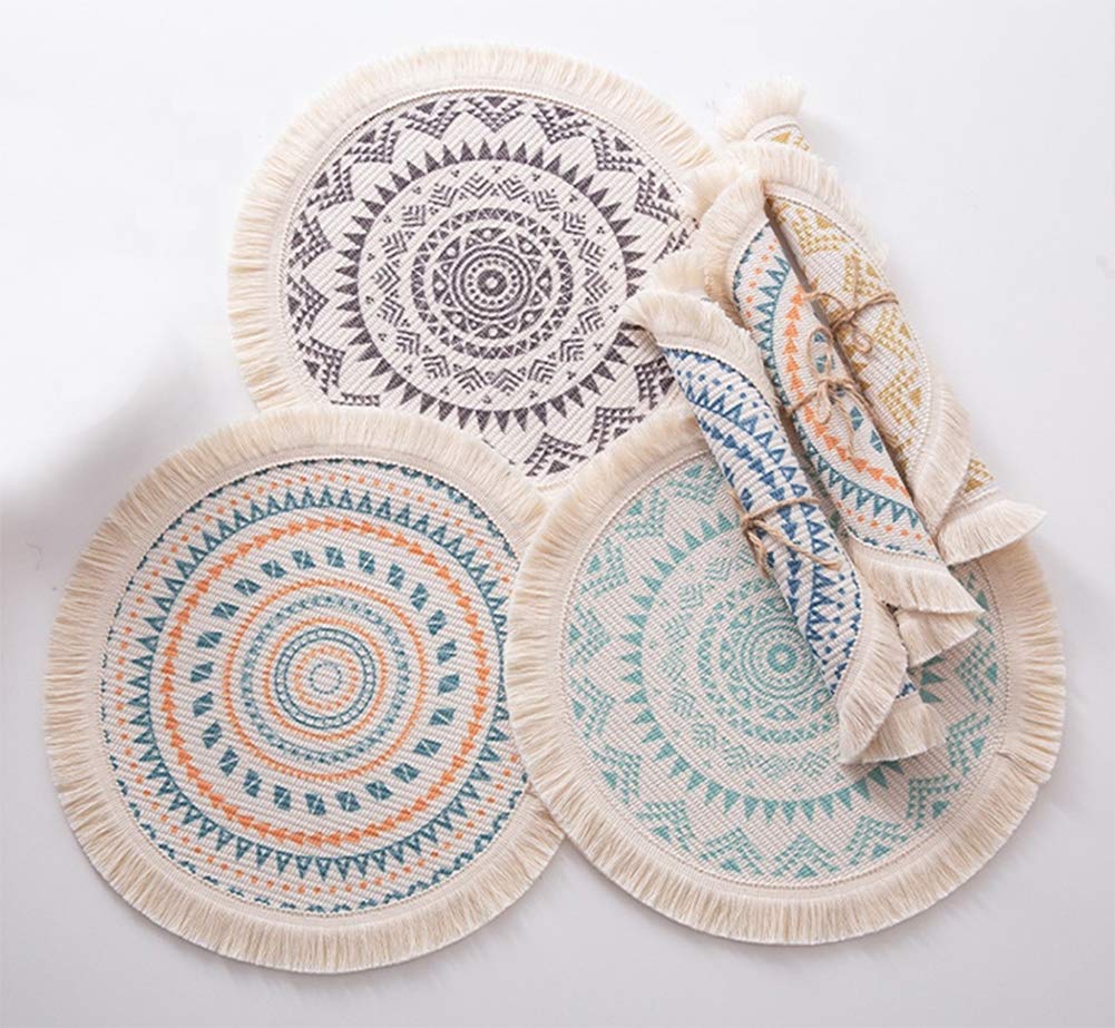 Fennco Styles Boho Mandala Fringe Decorative Cotton Placemats 13-inch Round, Set of 4 - Grey Heat Resistant Insulation Table Mats for Home Decor, Dining Table, Banquets and Special Events