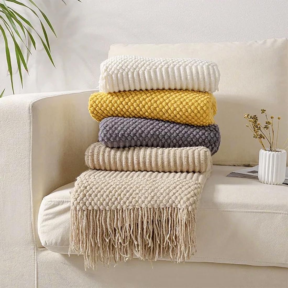 Fennco Styles Striped Knit Solid Fringe Throw Blanket 50" W x 60" L - Navy Blue Soft Textured Light Weight Blanket for Sofa, Couch, Living Room and Bedroom Décor