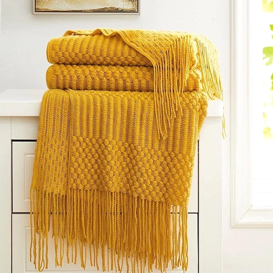 Fennco Styles Striped Knit Solid Fringe Throw Blanket 50" W x 60" L - Navy Blue Soft Textured Light Weight Blanket for Sofa, Couch, Living Room and Bedroom Décor
