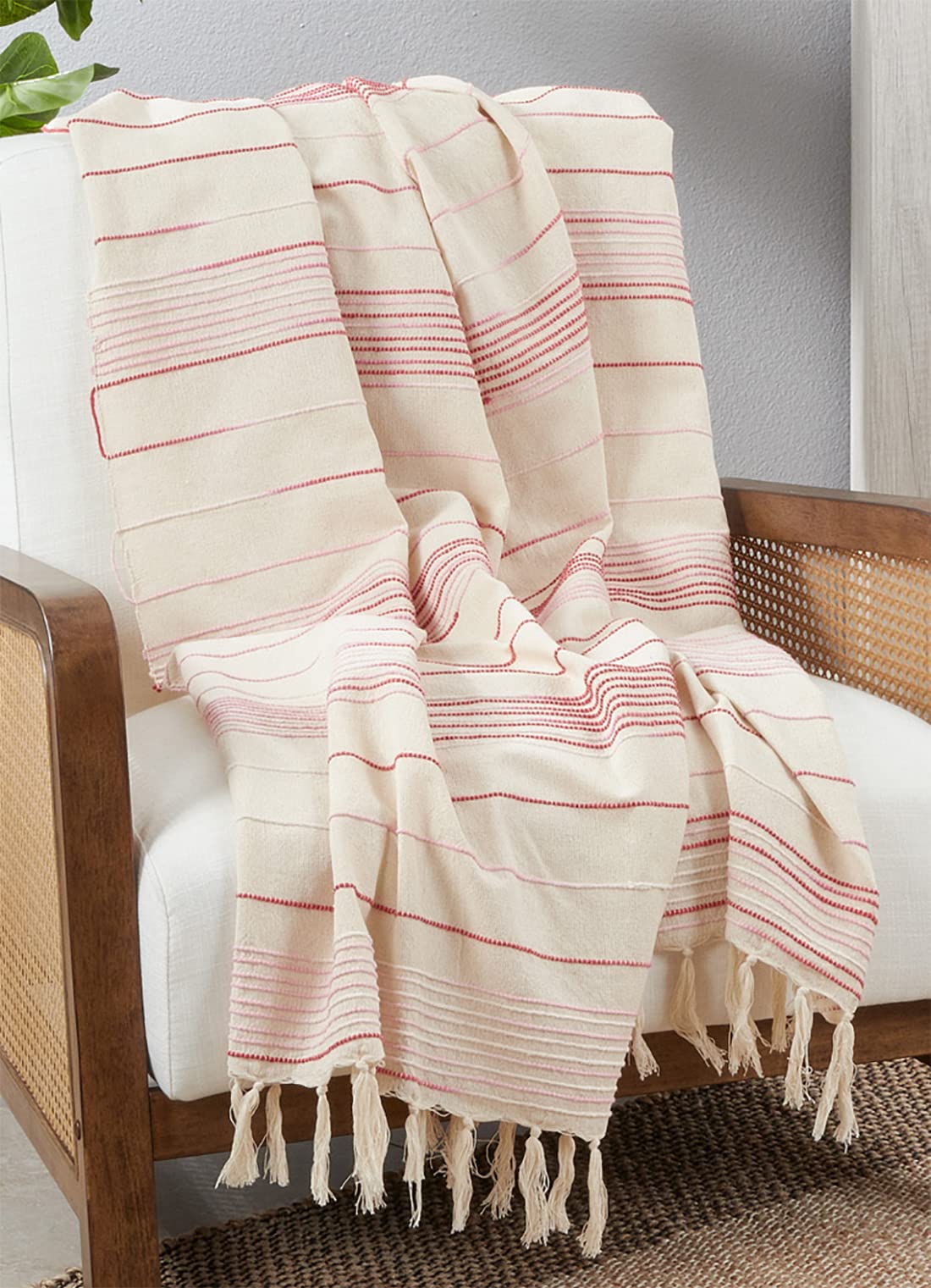 Fennco Styles Textured Stripe Cotton Throw Blanket with Tassel 50" W x 60" L – Red Woven Line Blanket for Couch, Bedroom and Living Room Décor
