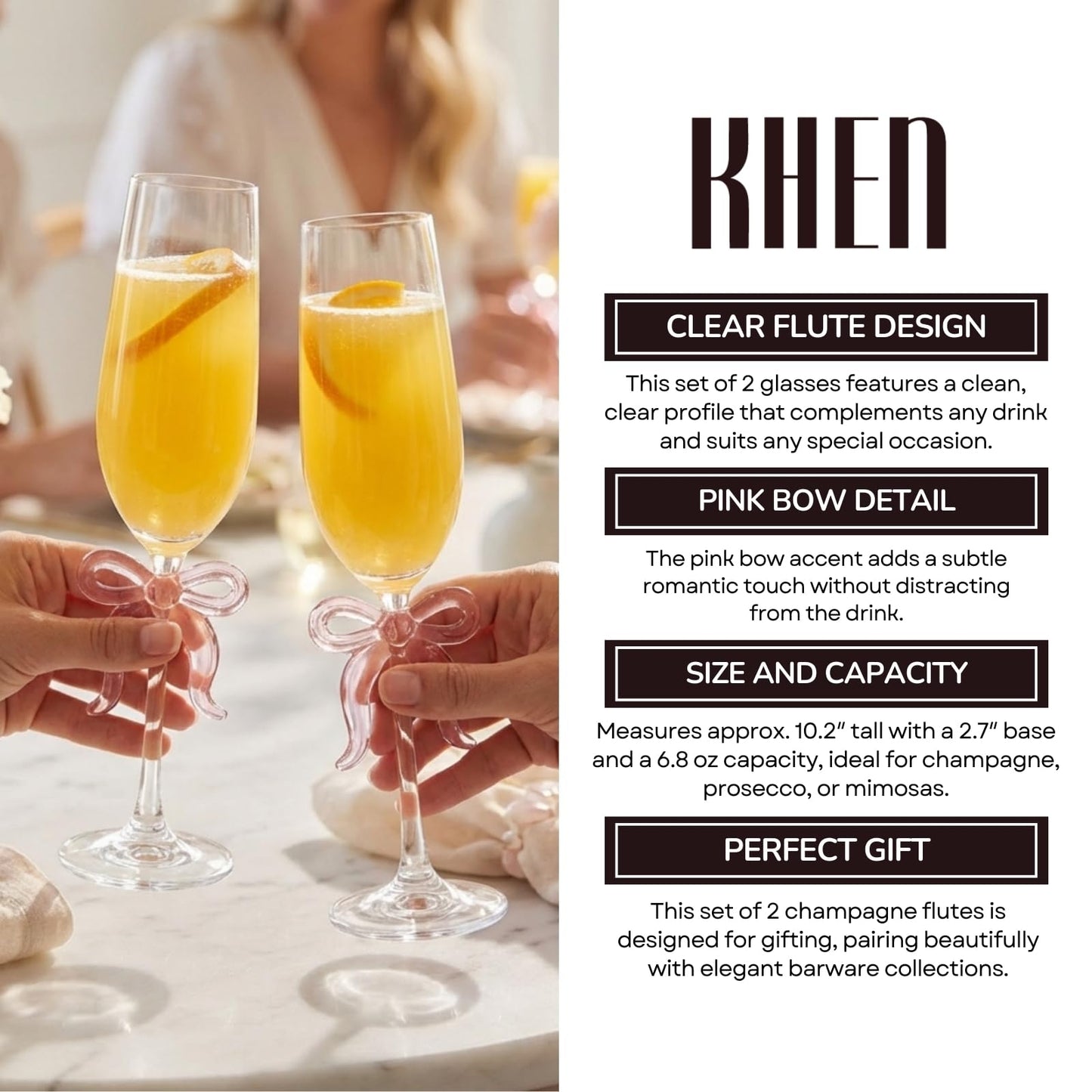 Clear Champagne Glass with Pink Bow on Stem, Set of 2