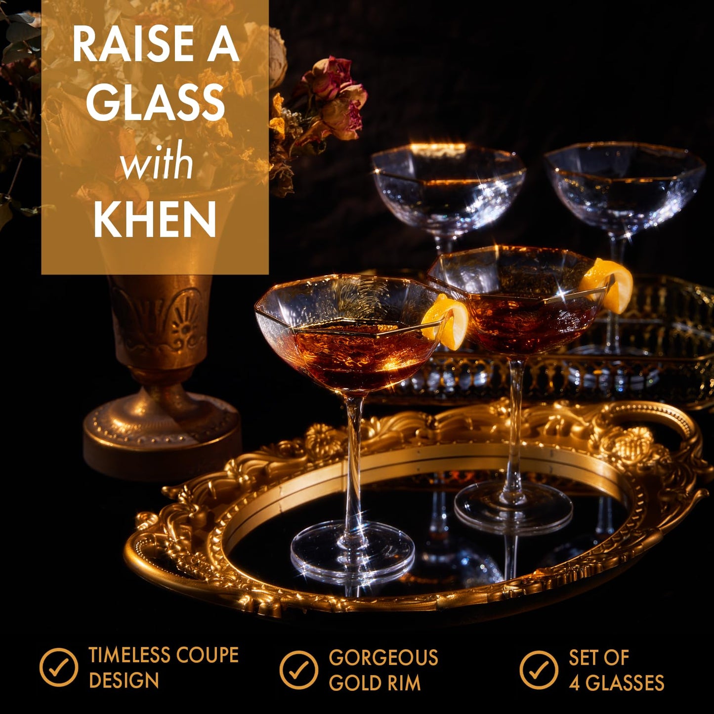 Khen Champagne Coupe Glasses Set of 4 Vintage Octagonal Gold Rim - 6oz Clear Gold Rim