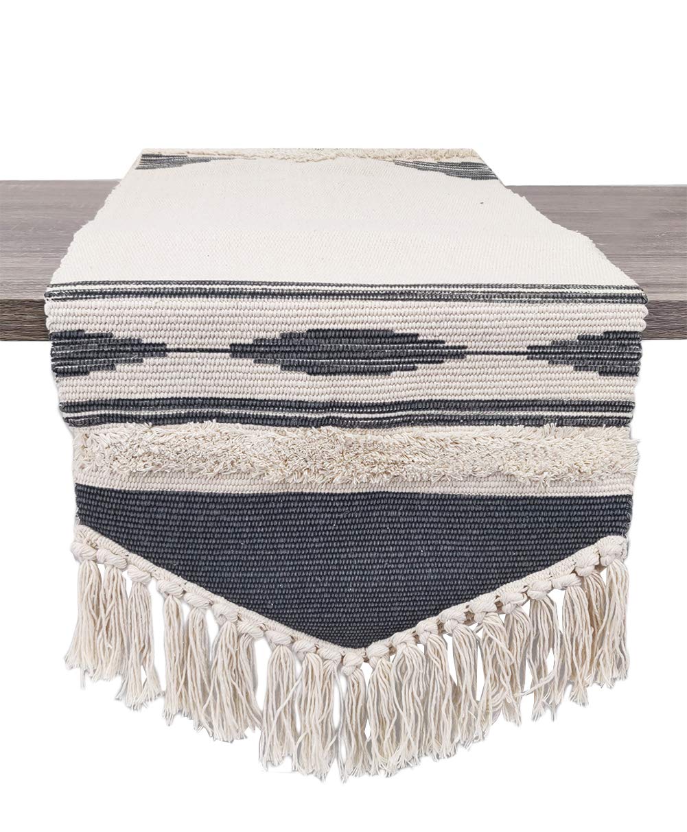 Fennco Styles Geometric Design Canvas Cotton Table Runner with Tassels – 14”W x 71”L Table Cover for Home Décor, Dining Table, Banquets, Holidays and Special Occasions