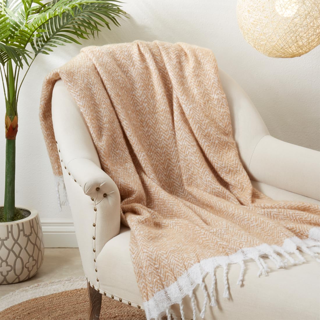 Fennco Styles Faux Mohair Herringbone Throw Blanket 50" W x 60" L – Natural Cozy Fringe Blanket for Home, Couch, Bedroom, Living Room, Office, and Holiday Décor
