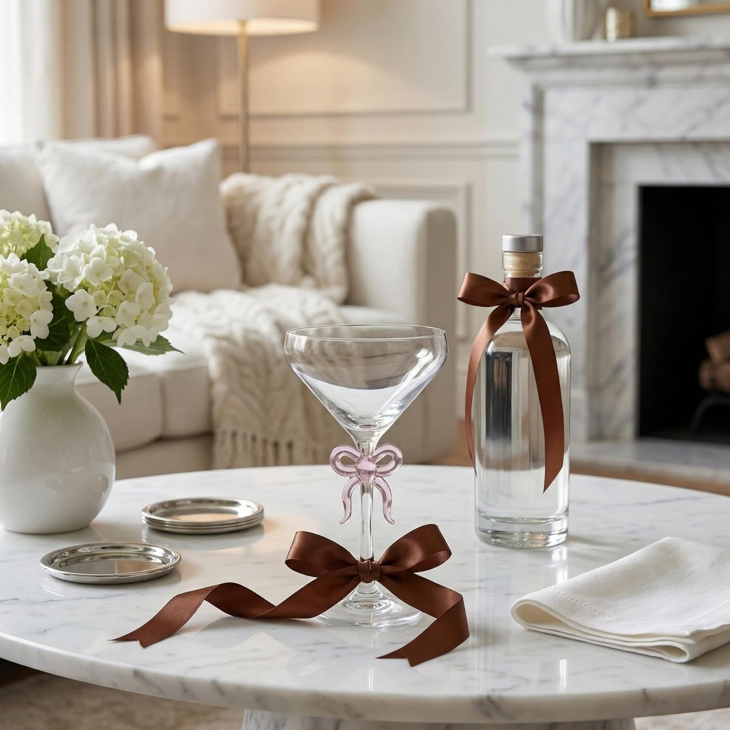 Single Clear Martini Glass with Pink Bow on Stem, One Piece