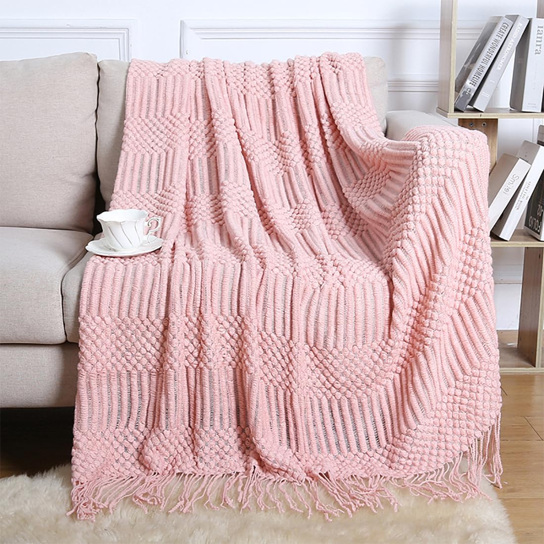 Fennco Styles Striped Knit Solid Fringe Throw Blanket 50" W x 60" L - Navy Blue Soft Textured Light Weight Blanket for Sofa, Couch, Living Room and Bedroom Décor