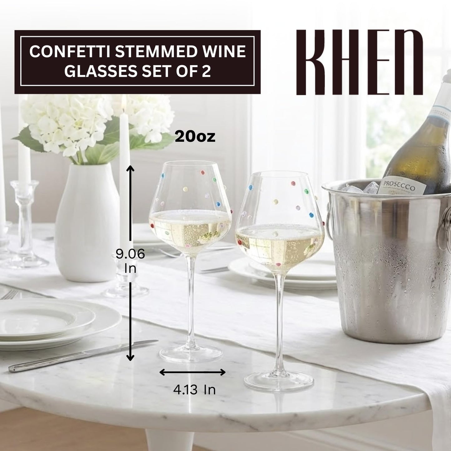 Confetti Stemmed Wine Glasses Set of 2, 20oz Multicolor Clear Glass 20oz