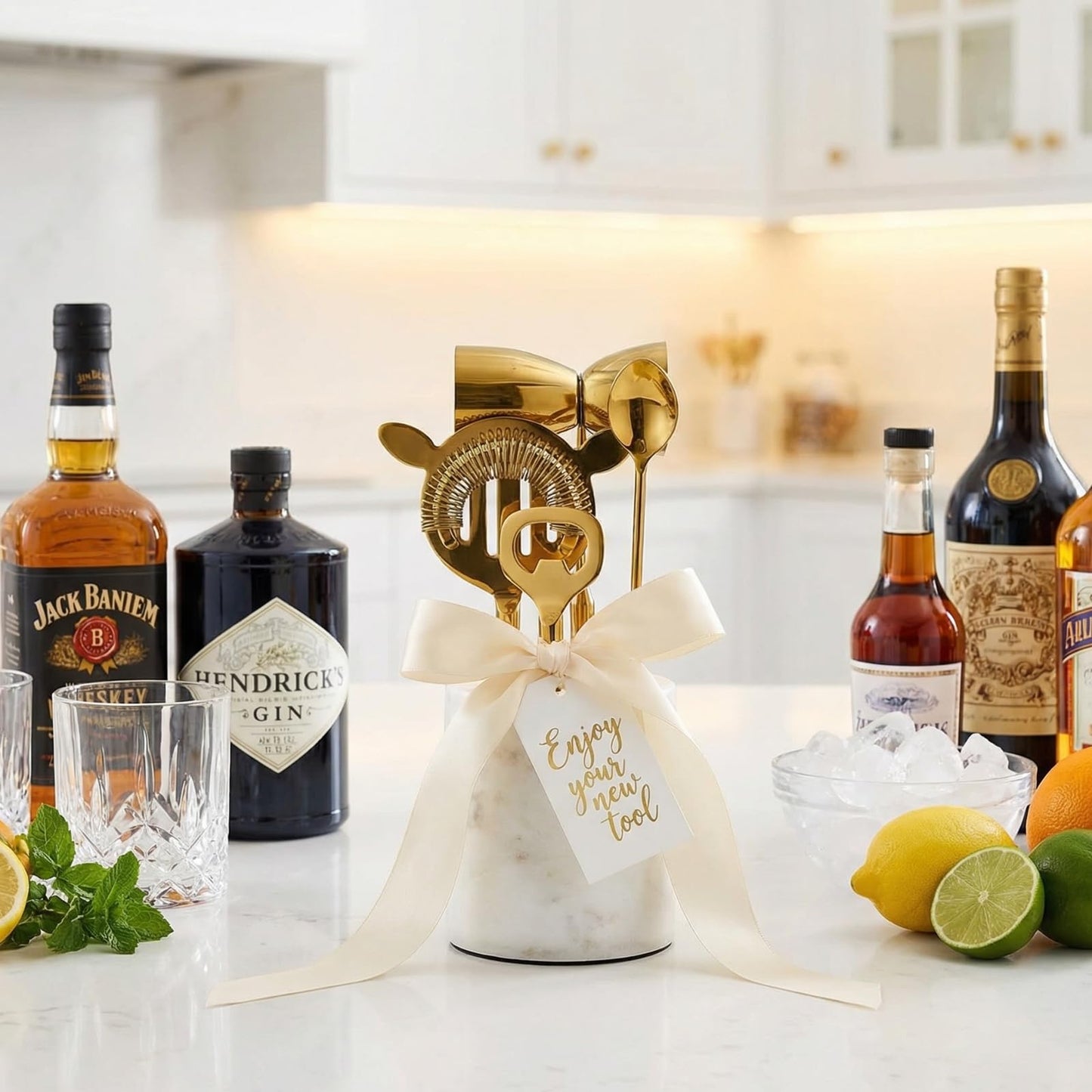 Gold Marble Cocktail Bar Tool Set, 5 Piece 9.06 x 3.75 Inch White Stone Holder Stainless Steel