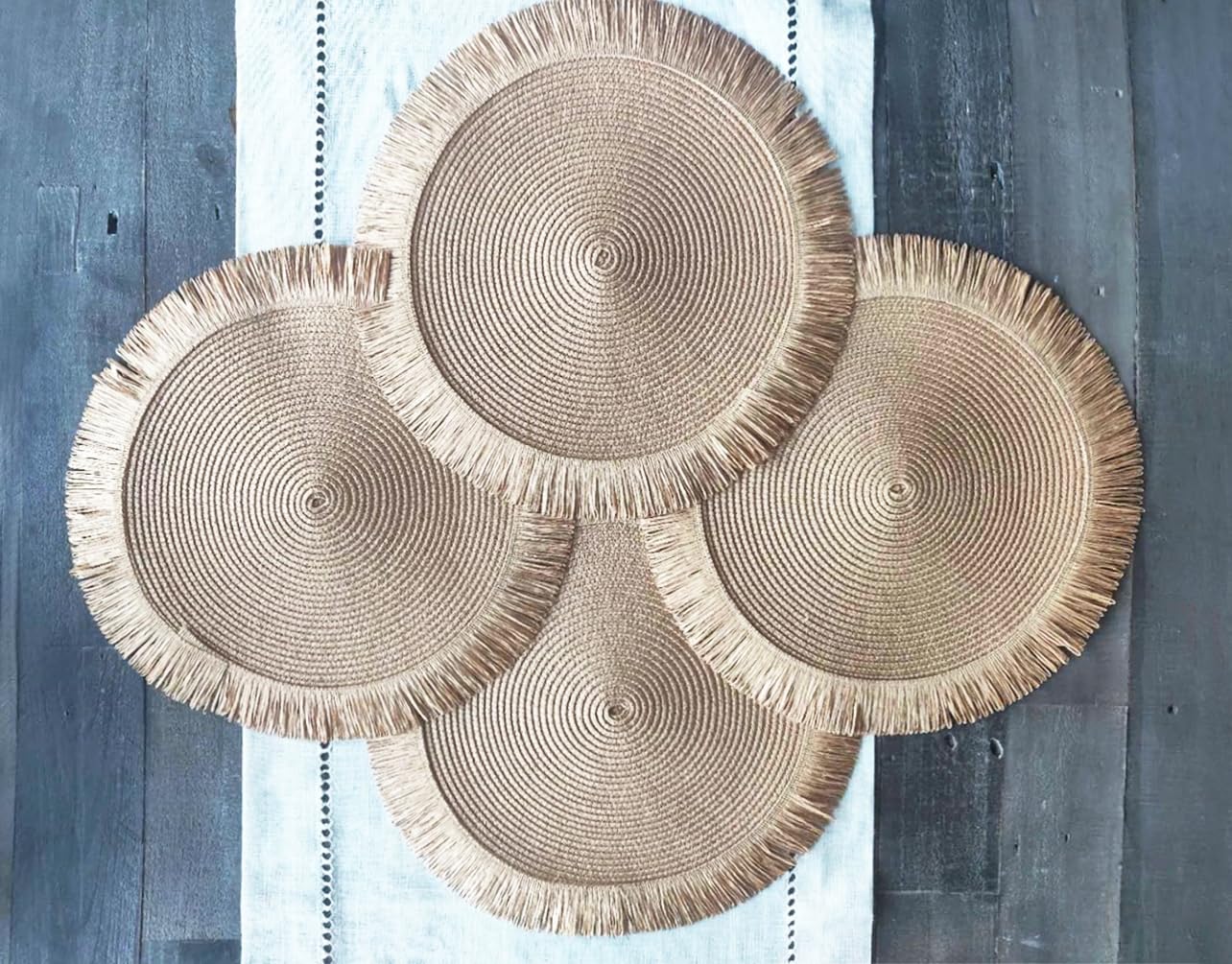 Fennco Styles Handwoven Fringe Boho Placemats 15" Round - Natural Braided Texture Table Mats for Home, Dining Room, Banquets, Family Gathering and Special Occasion