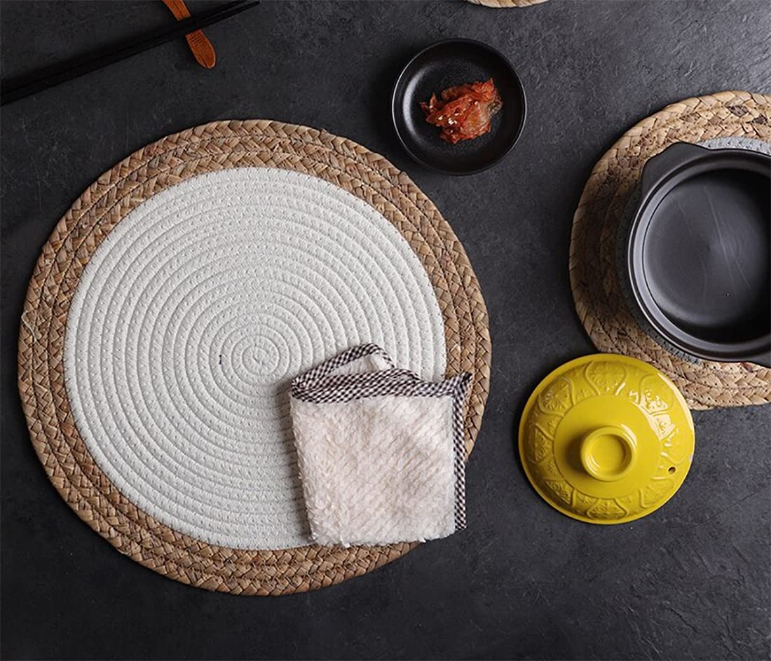 Fennco Styles Hand-Woven Rattan Cotton Rope Placemats Round, Set of 4 - Braided Table Mats Heat Resistant Insulation for Home, Boho Décor, Dining Table, Banquets, Special Events