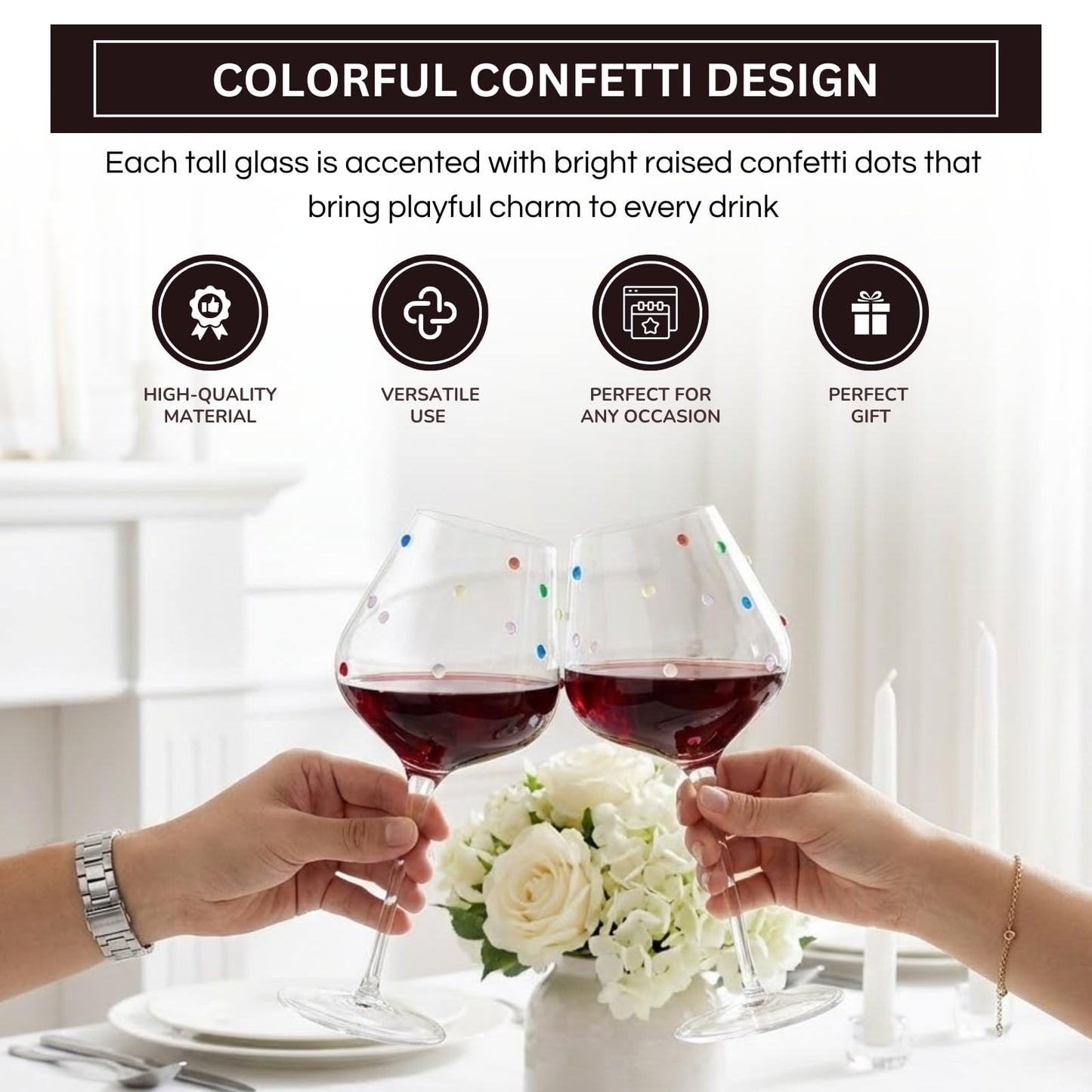 Confetti Stemmed Wine Glasses Set of 2, 20oz Multicolor Clear Glass 20oz