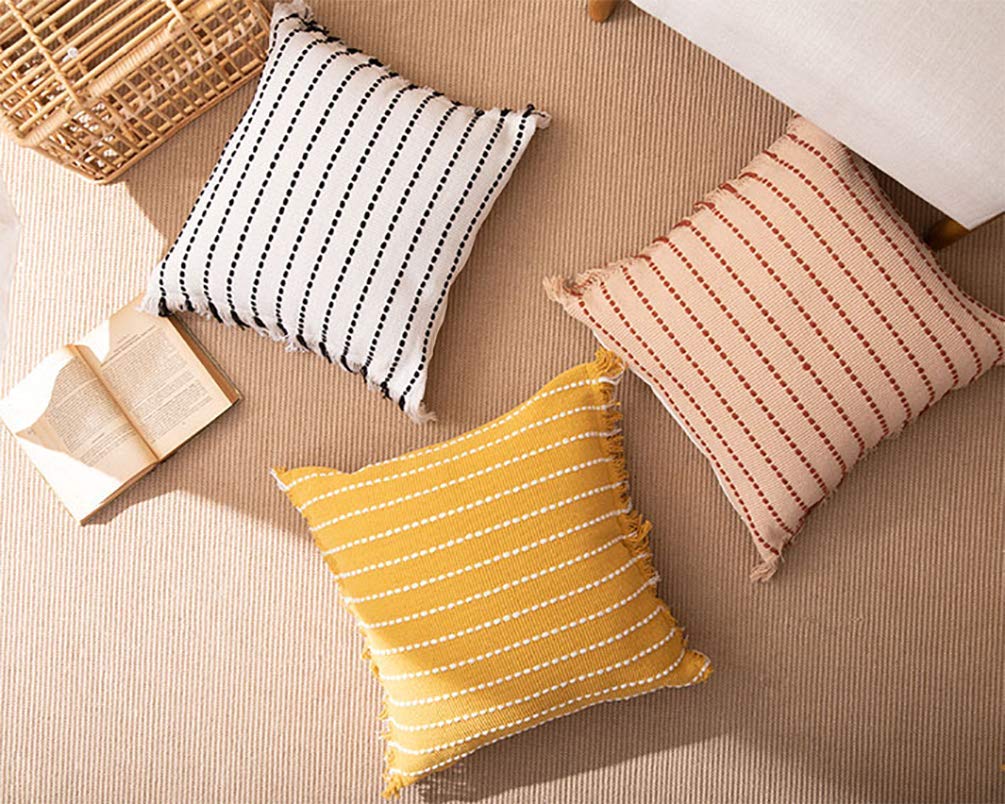 Fennco Styles Stitch Line Woven Fringe Cotton Decorative Throw Pillow 20" W x 20" L - White Cushion for Couch, Bedroom, Living Room and Office Décor