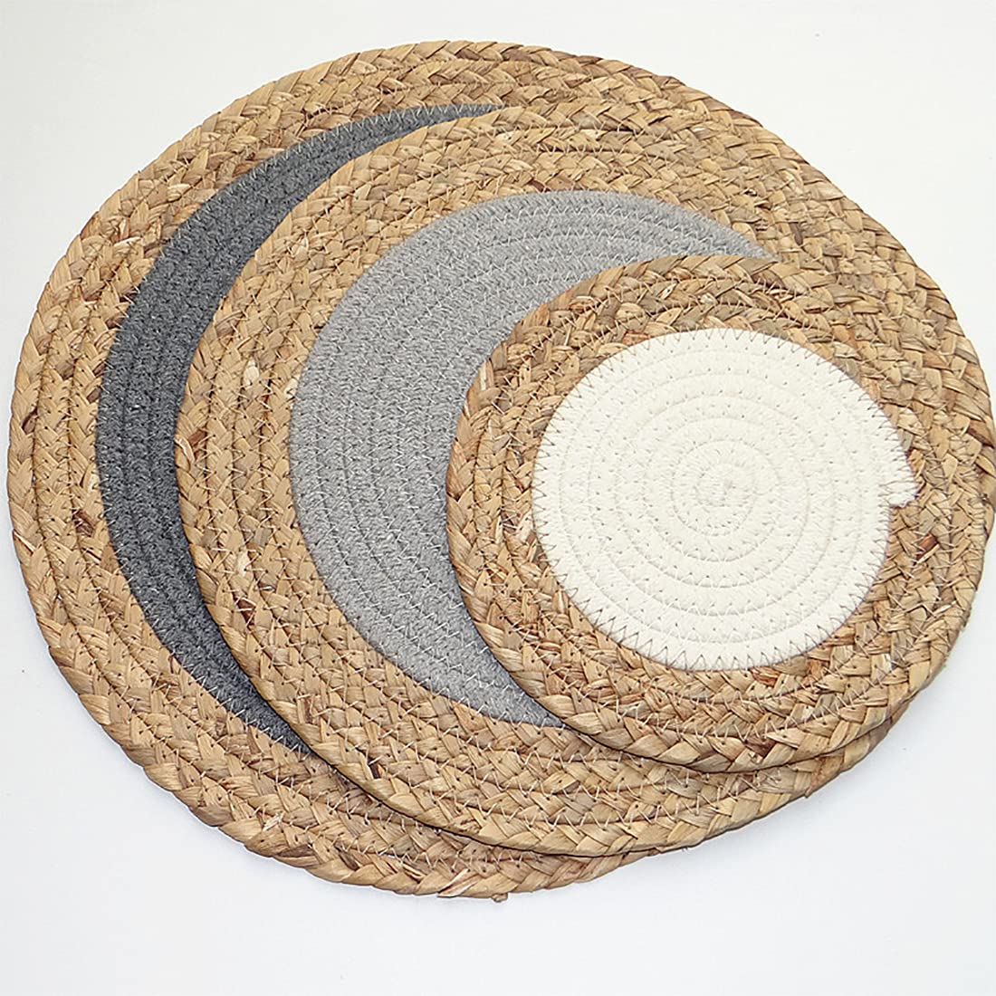 Fennco Styles Hand-Woven Rattan Cotton Rope Placemats Round, Set of 4 - Braided Table Mats Heat Resistant Insulation for Home, Boho Décor, Dining Table, Banquets, Special Events