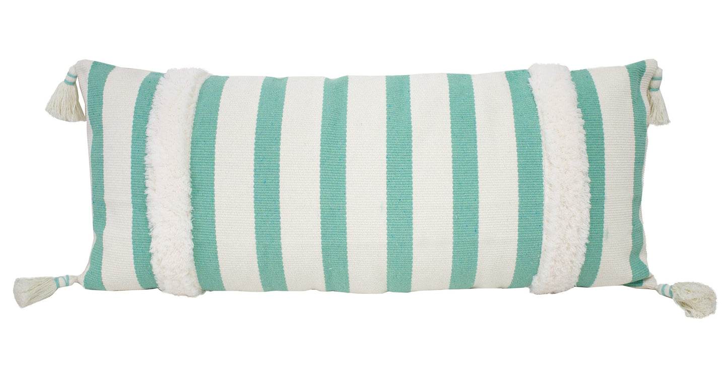 Fennco Styles Handcrafted Tufted Striped Tassel Decorative Lumbar Throw Pillow Cover 14" W x 32" L - Cushion Case for Home, Couch, Living Room, Bedroom, Office Décor