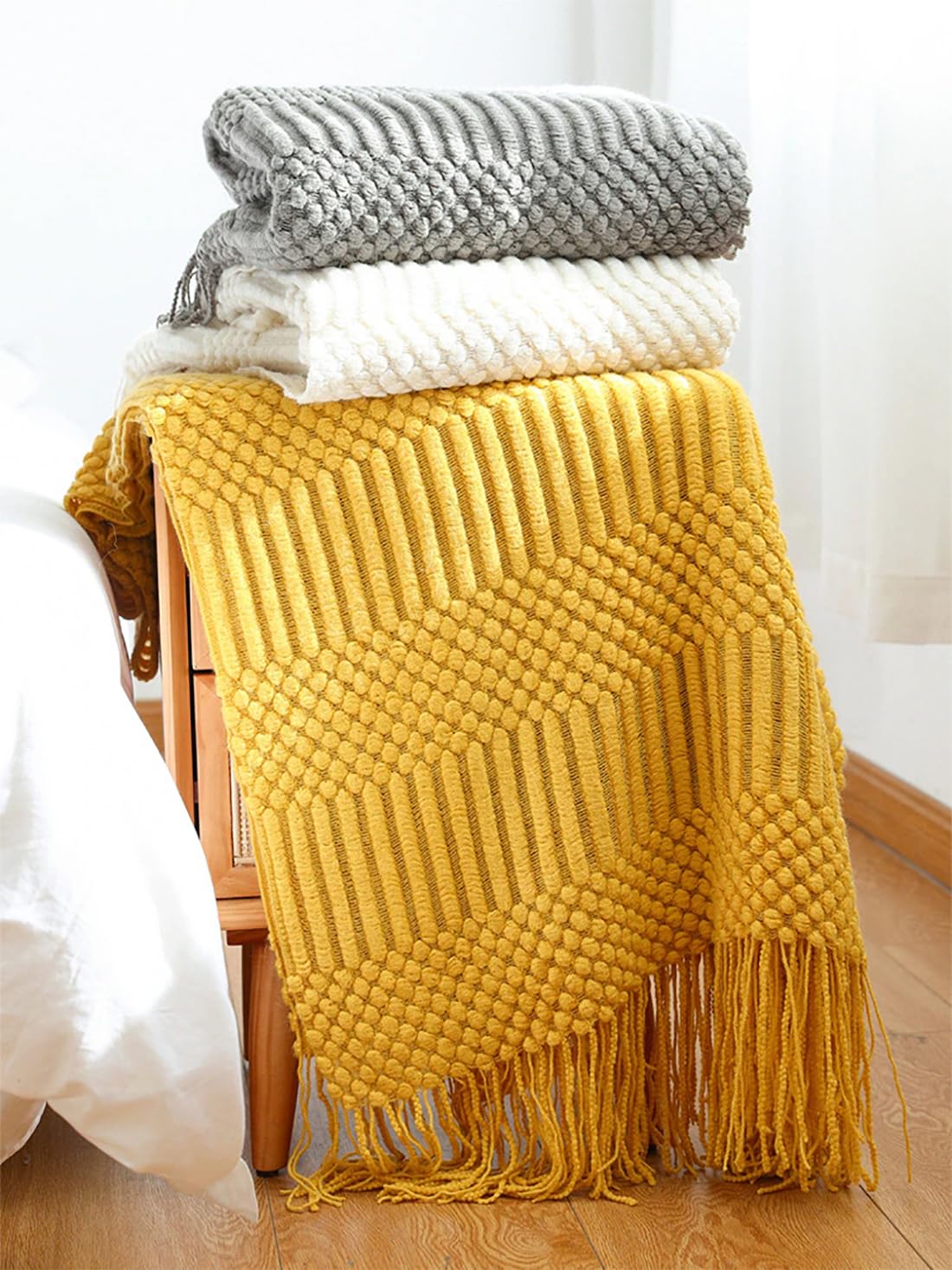 Fennco Styles Striped Knit Solid Fringe Throw Blanket 50" W x 60" L - Navy Blue Soft Textured Light Weight Blanket for Sofa, Couch, Living Room and Bedroom Décor